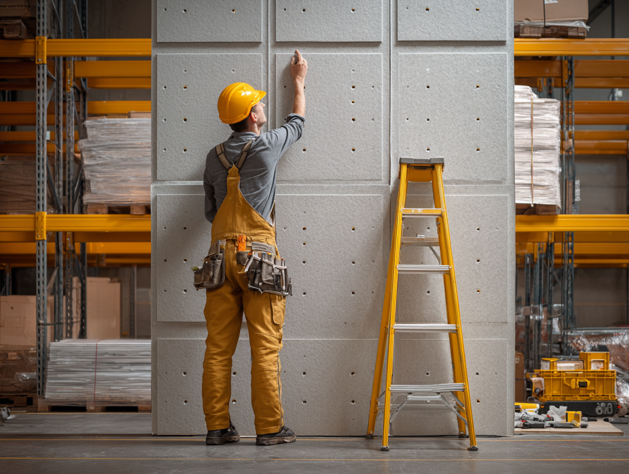 Worker installing acoustic panels on a warehouse wall next to a ladder